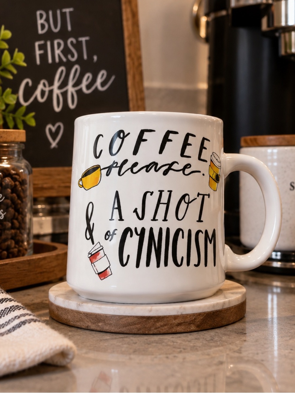 White Ceramic 'Coffee Please & A Shot of Cynicism' Mug